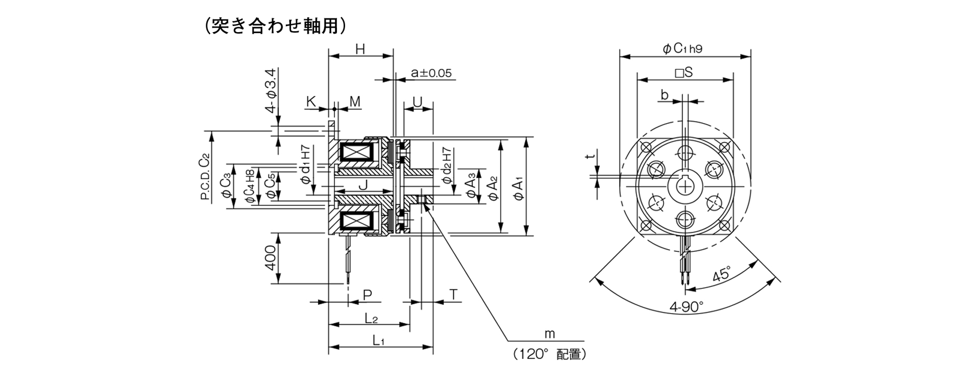 三木プーリの励磁作動形クラッチ102モデル（11型）フランジ取り付け形（壁面取り付け用）寸法図 取付寸法および主要部寸法を示す寸法図