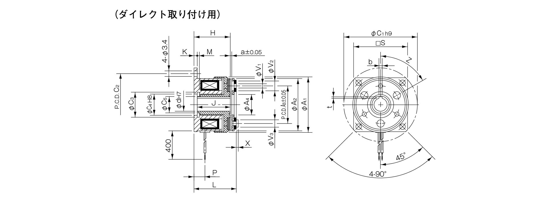 三木プーリの励磁作動形クラッチ102モデル（13型）フランジ取り付け形（壁面取り付け用）寸法図 取付寸法および主要部寸法を示す寸法図