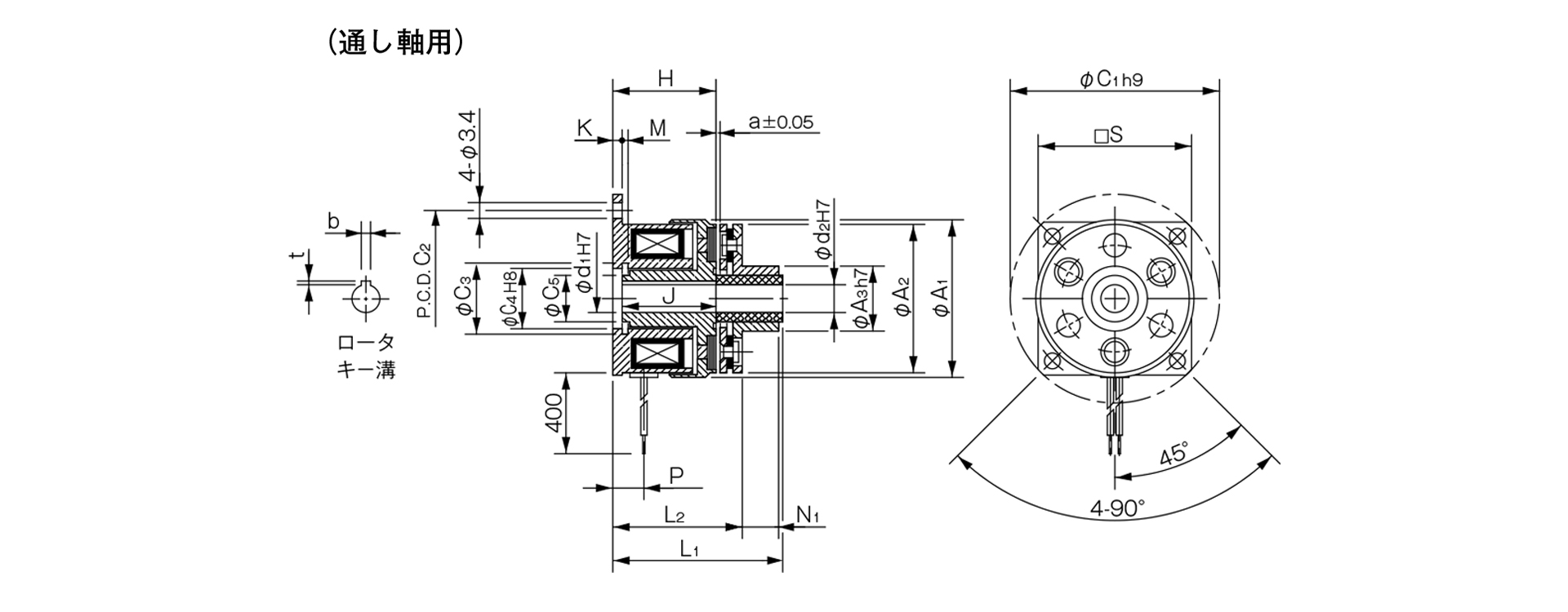 三木プーリの励磁作動形クラッチ102モデル（15型）フランジ取り付け形（壁面取り付け用）寸法図 取付寸法および主要部寸法を示す寸法図