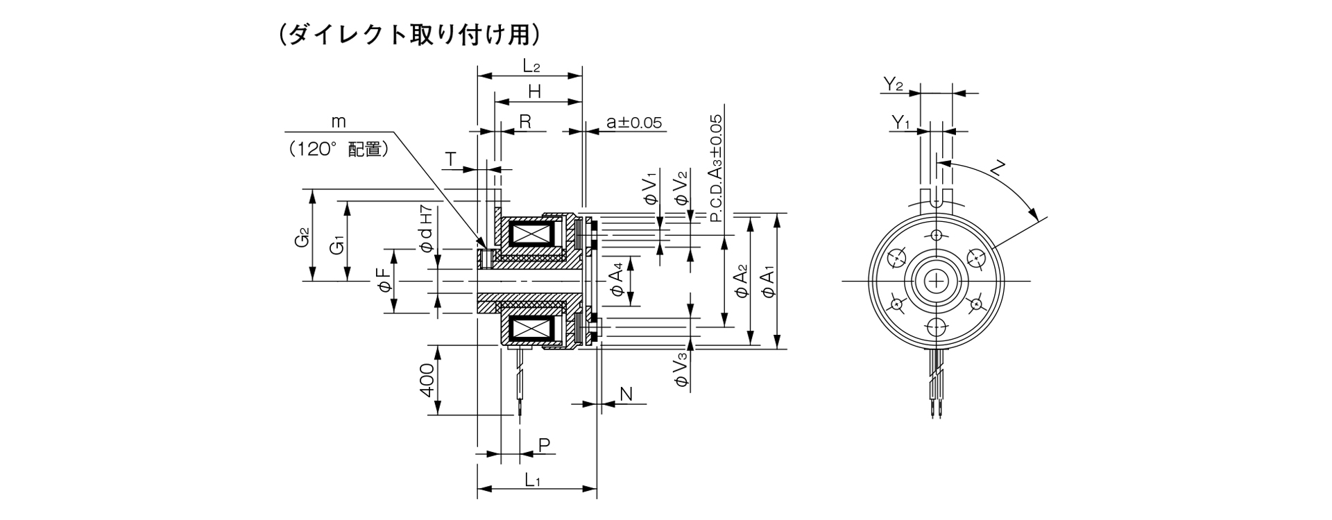 三木プーリの励磁作動形クラッチ102モデル（33型）フランジ取り付け形（壁面取り付け用）寸法図 取付寸法および主要部寸法を示す寸法図