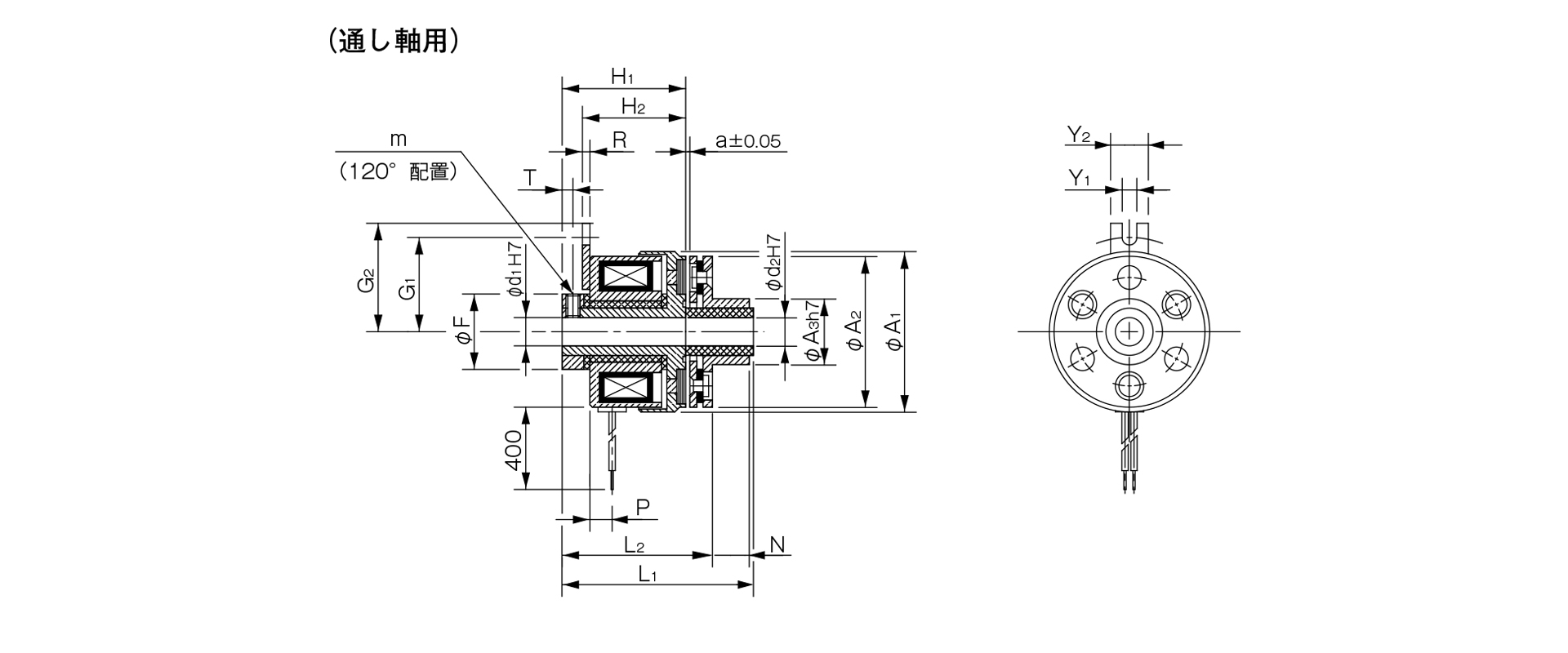 三木プーリの励磁作動形クラッチ102モデル（35型）フランジ取り付け形（壁面取り付け用）寸法図 取付寸法および主要部寸法を示す寸法図
