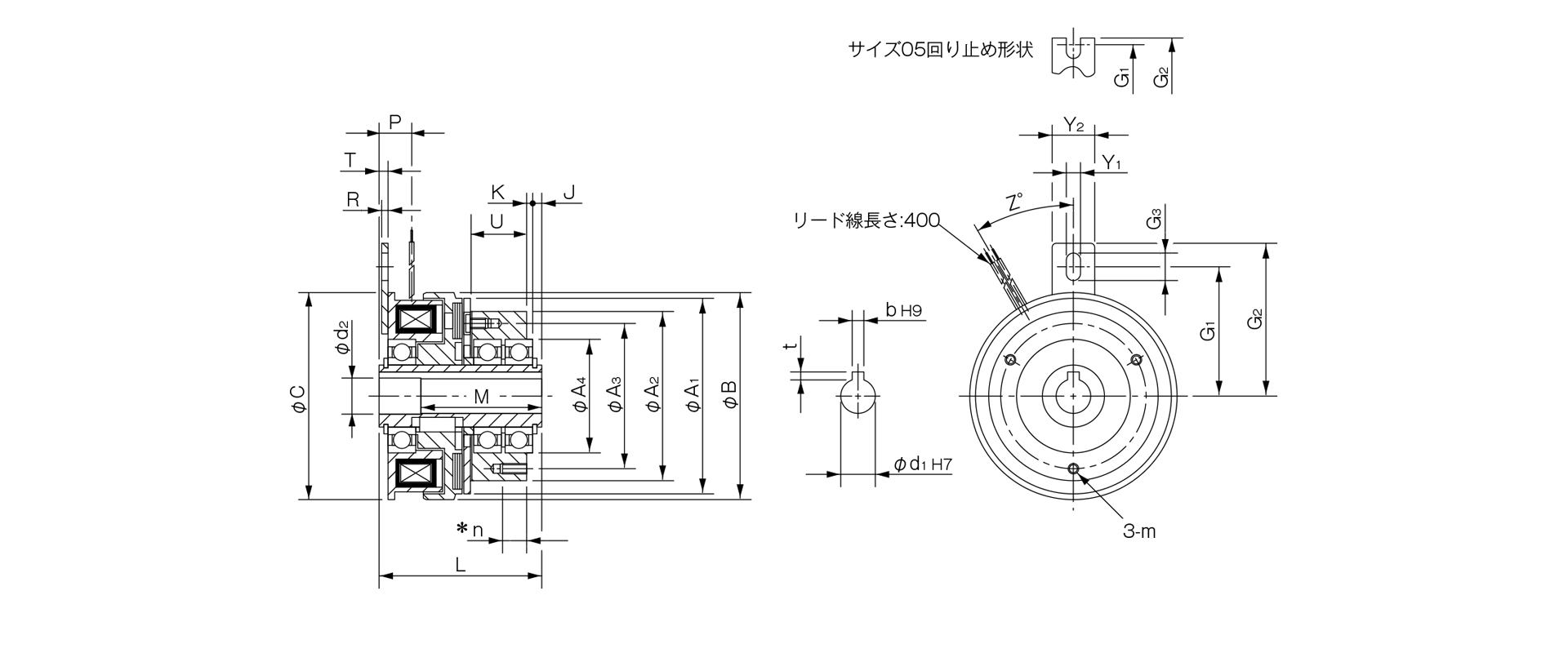 三木プーリの励磁作動形クラッチCSZモデルフランジ取り付け形（壁面取り付け用）寸法図 取付寸法および主要部寸法を示す寸法図