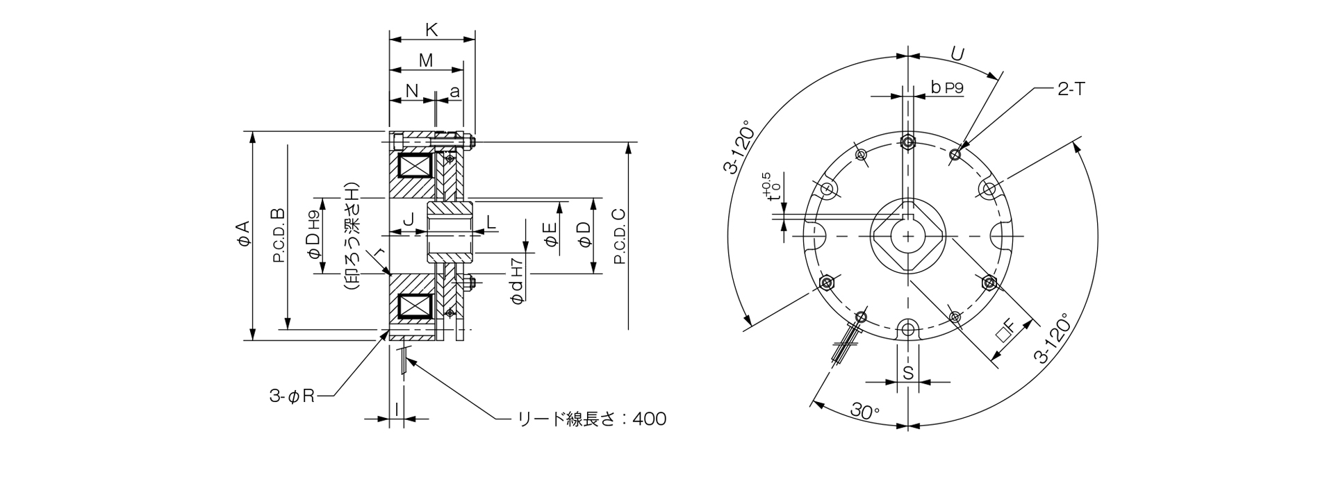 三木プーリの無励磁作動 制動用BXLモデル電磁ブレーキ寸法図 外形寸法および主要部寸法を示す寸法図