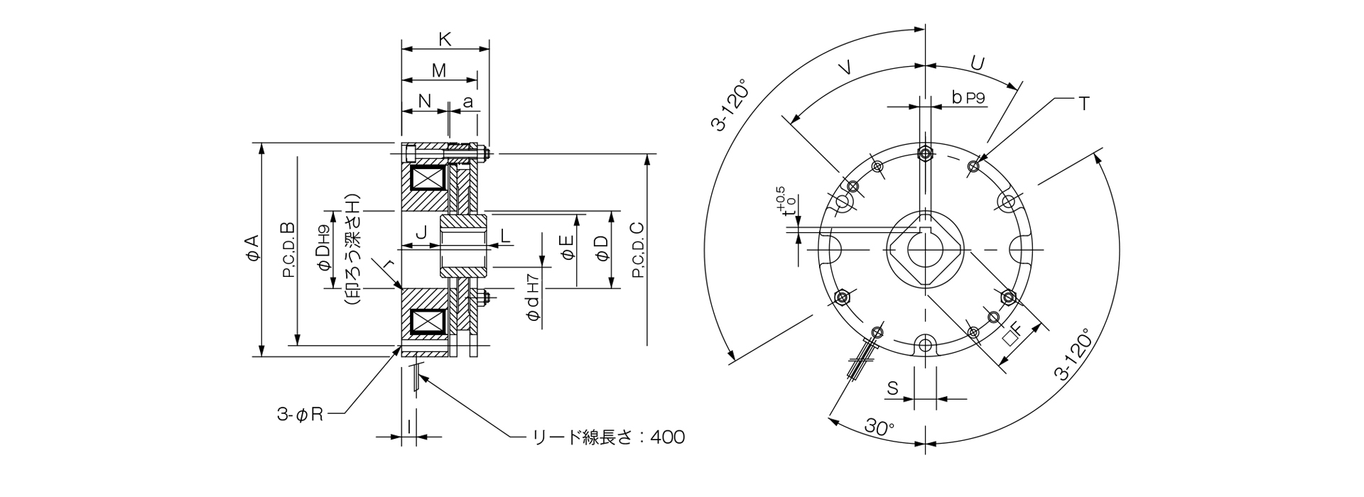 三木プーリの無励磁作動 保持用BXHモデル電磁ブレーキ寸法図 外形寸法および主要部寸法を示す寸法図