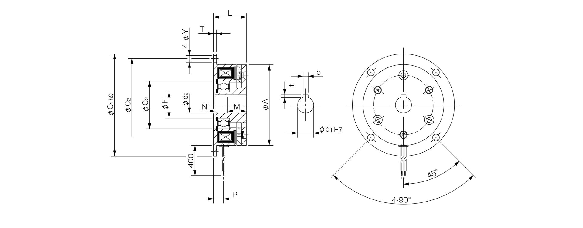 三木プーリの励磁作動形ブレーキBSZモデルフランジ取り付け形（壁面取り付け用）寸法図 取付寸法および主要部寸法を示す寸法図