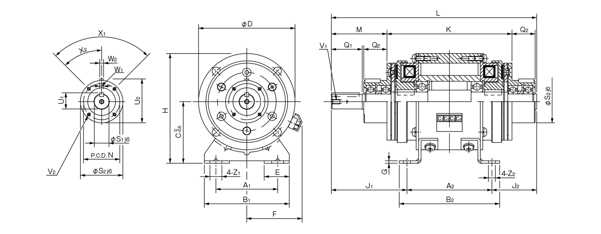 三木プーリのダブルクラッチユニット121モデル10タイプ寸法図 外形寸法および取付寸法を示す寸法図