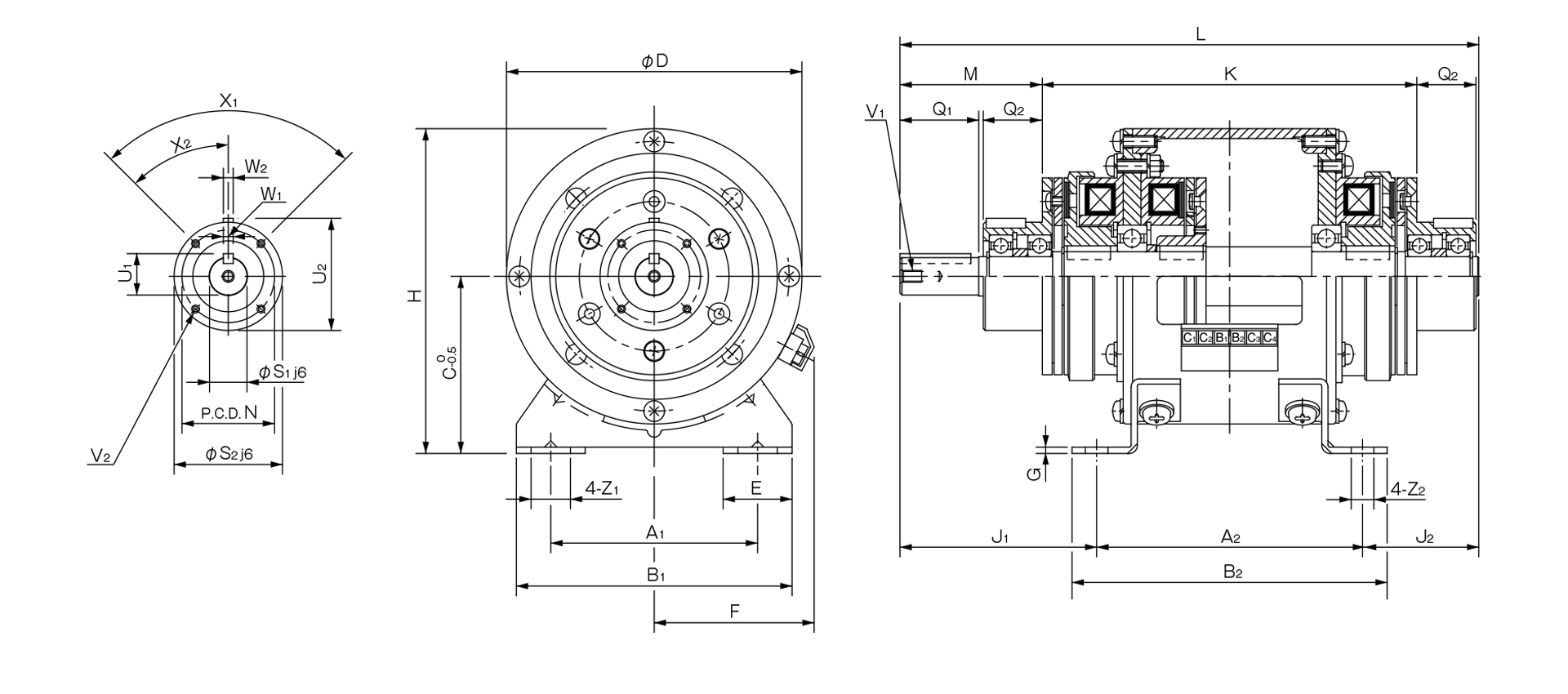 三木プーリのダブルクラッチ・ブレーキユニット122モデル寸法図 外形寸法および取付寸法を示す寸法図