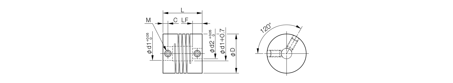 三木プーリのヘリカルARMモデルコイルばね・スリットカップリング寸法図 外形寸法および主要部寸法を示す寸法図