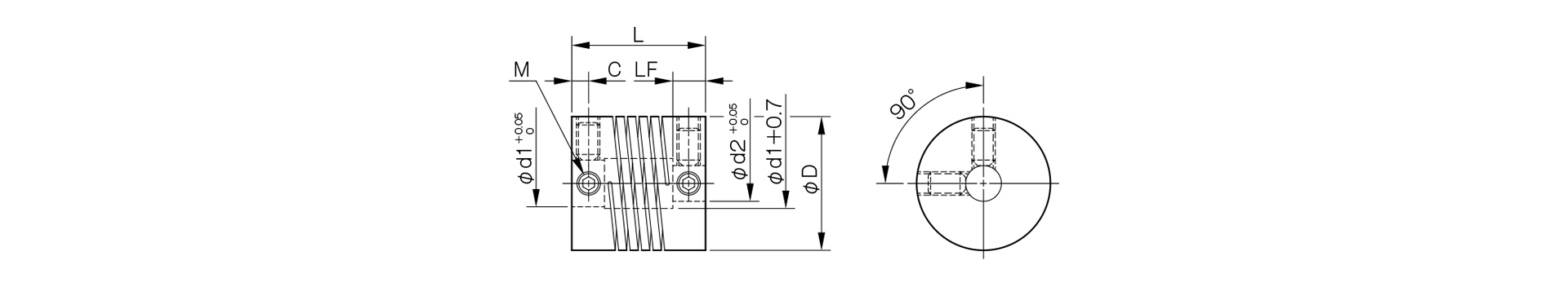 三木プーリのヘリカルDSRモデルコイルばね・スリットカップリング寸法図 外形寸法および主要部寸法を示す寸法図