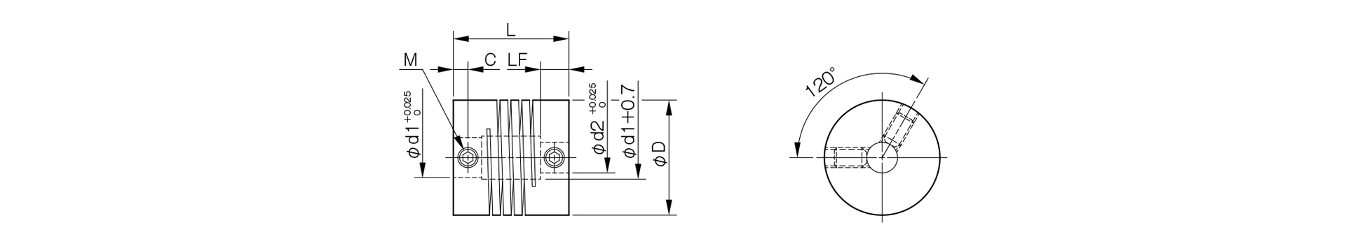 三木プーリのヘリカル3000モデル（止ねじ仕様）コイルばね・スリットカップリング寸法図 取付寸法および軸径寸法を示す寸法図
