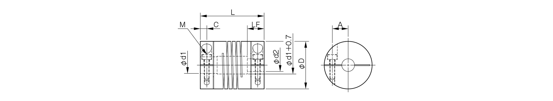 三木プーリのヘリカル3000モデル（止ねじ仕様）コイルばね・スリットカップリング寸法図 取付寸法および軸径寸法を示す寸法図