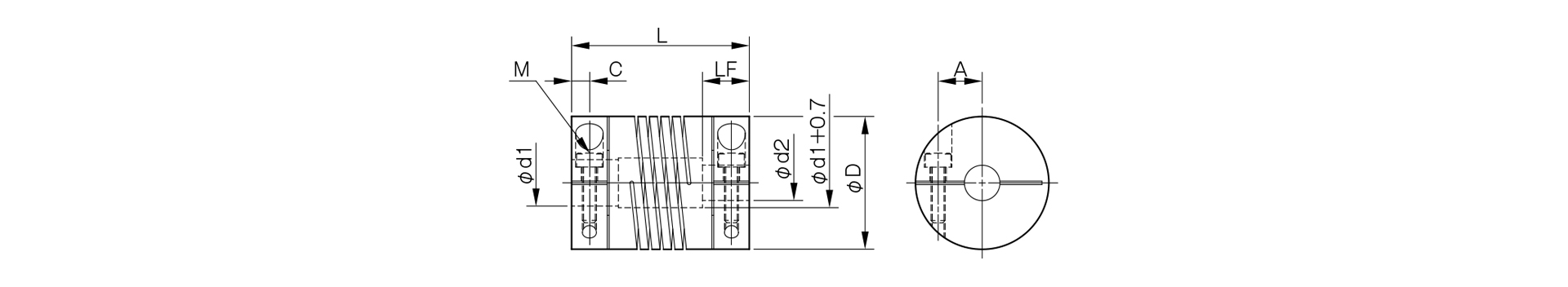 三木プーリのヘリカルDSCRモデルコイルばね・スリットカップリング寸法図 外形寸法および主要部寸法を示す寸法図