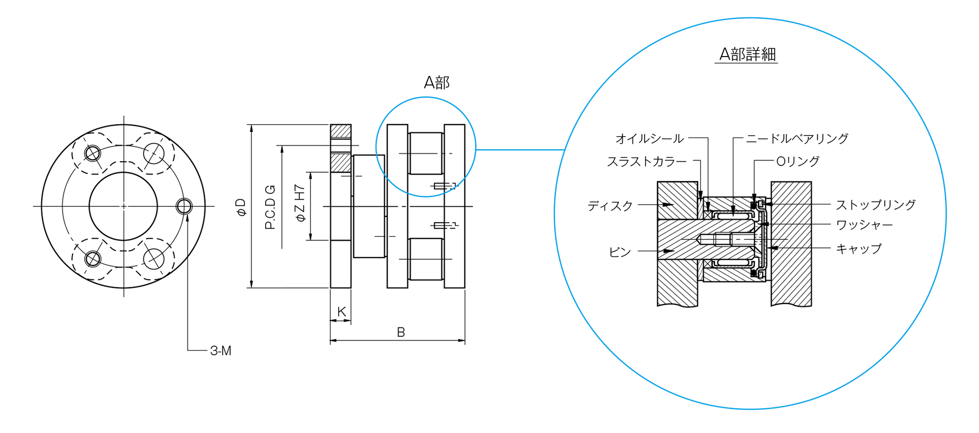 三木プーリのシュミット（リンク式カップリング）DLモデル寸法図 外形寸法および主要部寸法を示す寸法図