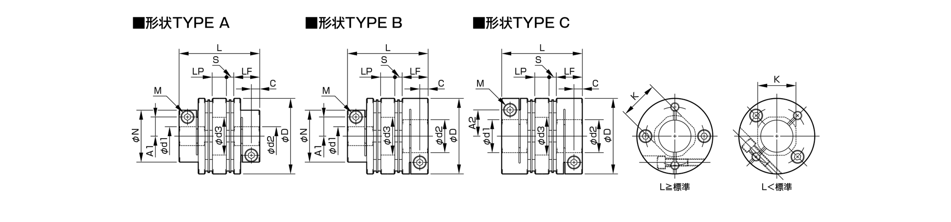 三木プーリのサーボフレックスシリーズSFCモデルDA2タイプ（全長指定仕様）金属板ばねカップリング寸法図 全長および主要部寸法を示す寸法図