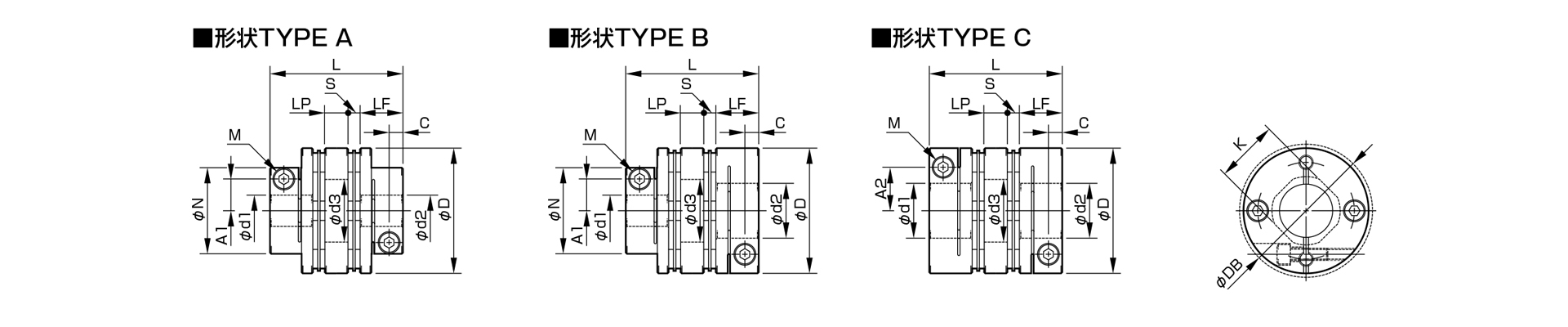 三木プーリのサーボフレックスSFCモデル SFC-DA2タイプ 金属板ばねカップリング寸法図（高精度トルク伝達・サーボ用途軸継手・産業用カップリング）