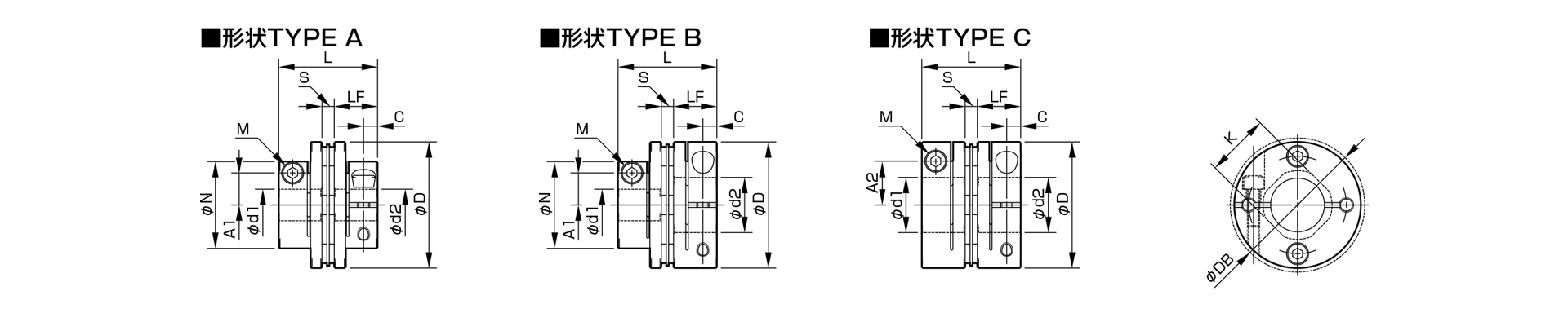 三木プーリのサーボフレックスSFCモデル SFC-SA2タイプ 金属板ばねカップリング寸法図（サーボモータ用高精度軸継手・高剛性トルク伝達）