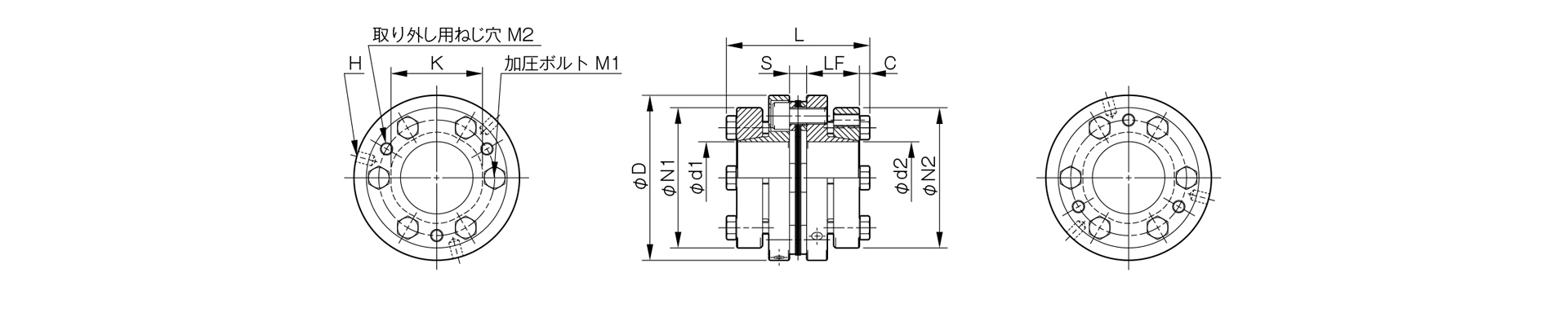 三木プーリのサーボフレックスシリーズSFFモデルSSタイプ（くさび締結仕様）金属板ばねカップリング寸法図 取付寸法および軸径寸法を示す寸法図