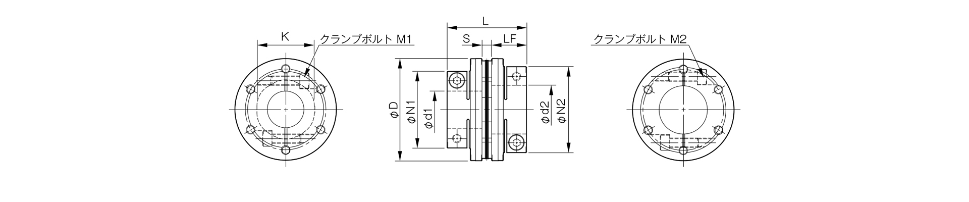 三木プーリのサーボフレックスシリーズSFMモデルSSタイプ（クランプ締結仕様）金属板ばねカップリング寸法図 取付寸法および軸径寸法を示す寸法図