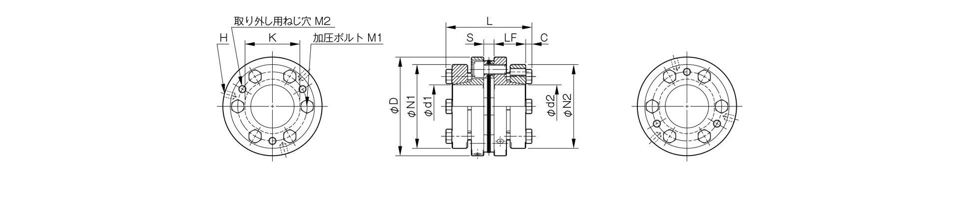 三木プーリのサーボフレックスシリーズSFMモデルSSタイプ（くさび締結仕様）金属板ばねカップリング寸法図 取付寸法および軸径寸法を示す寸法図
