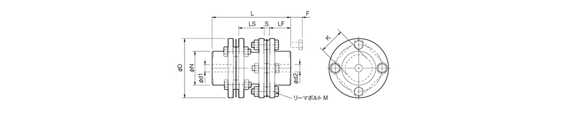 三木プーリのサーボフレックスSFSモデル SFS-Gタイプ 金属板ばねカップリング寸法図（全長指定対応・寸法変更可能・サーボモータ用高精度軸継手）