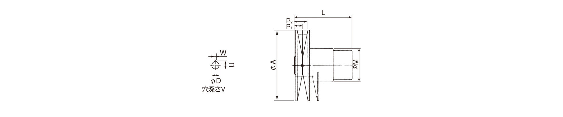 三木プーリの可変ピッチプーリPKモデルベルト式無段変速機寸法図 外形寸法および軸径寸法を示す寸法図