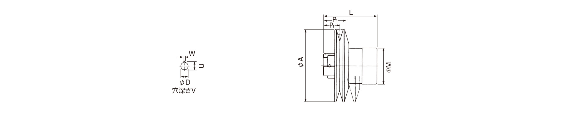 三木プーリの可変ピッチプーリPLモデルベルト式無段変速機寸法図 外形寸法および軸径寸法を示す寸法図
