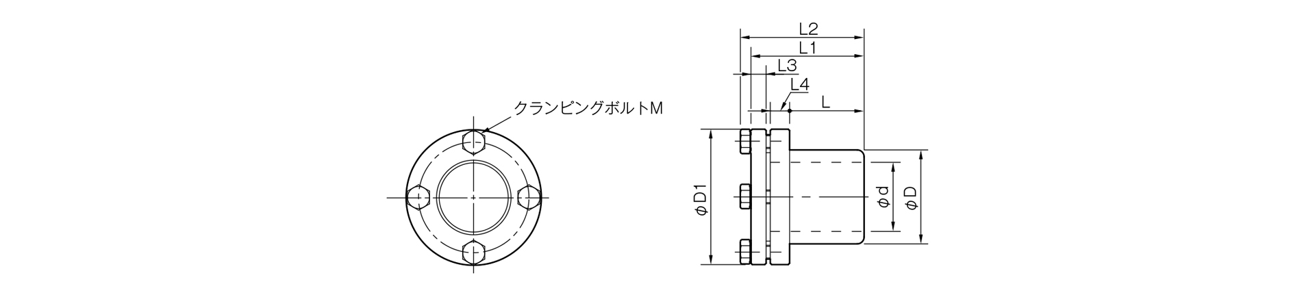 三木プーリのETPモデルAタイプ（六角ボルト仕様）摩擦式締結具（ハイドロ方式）寸法図 外形寸法および軸径寸法を示す寸法図