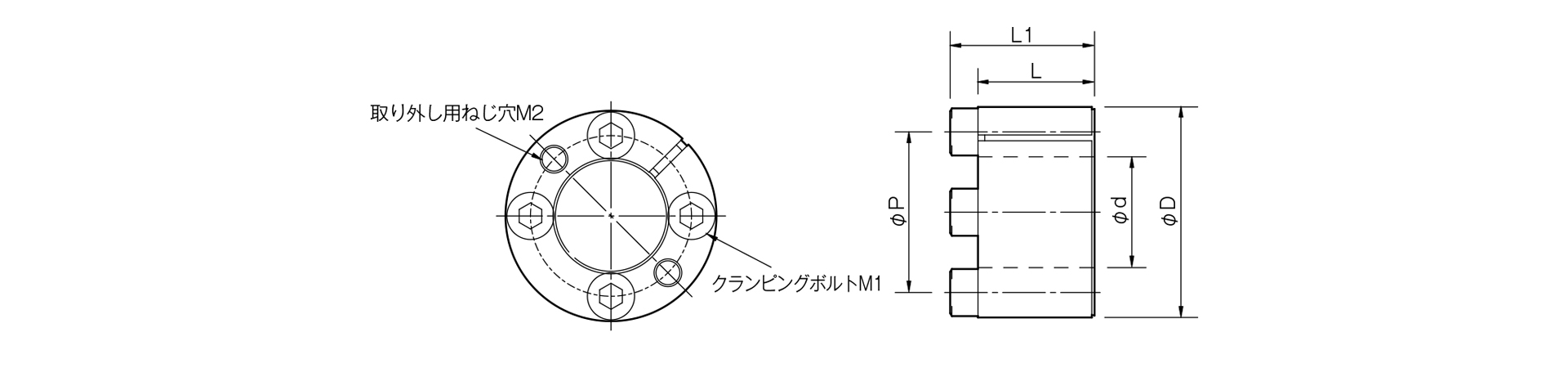 三木プーリのPSLモデルDタイプ摩擦式締結具（メカ方式）寸法図 外形寸法および軸径寸法を示す寸法図