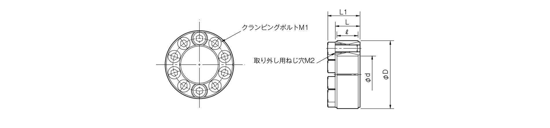 三木プーリのPSLモデルGタイプ（無電解ニッケルめっき仕様）摩擦式締結具（メカ方式）寸法図 外形寸法および軸径寸法を示す寸法図