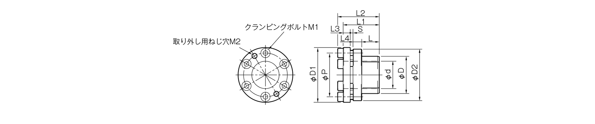 三木プーリのPSLモデルKタイプ（無電解ニッケルめっき仕様）摩擦式締結具（メカ方式）寸法図 外形寸法および軸径寸法を示す寸法図