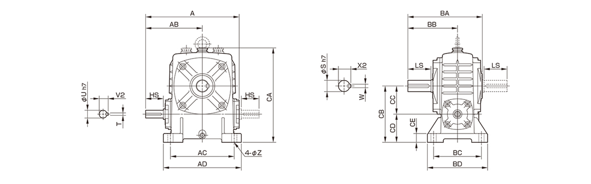 三木プーリのベルポニーウォーム減速機N-PAモデル寸法図 外形寸法および取付寸法を示す寸法図