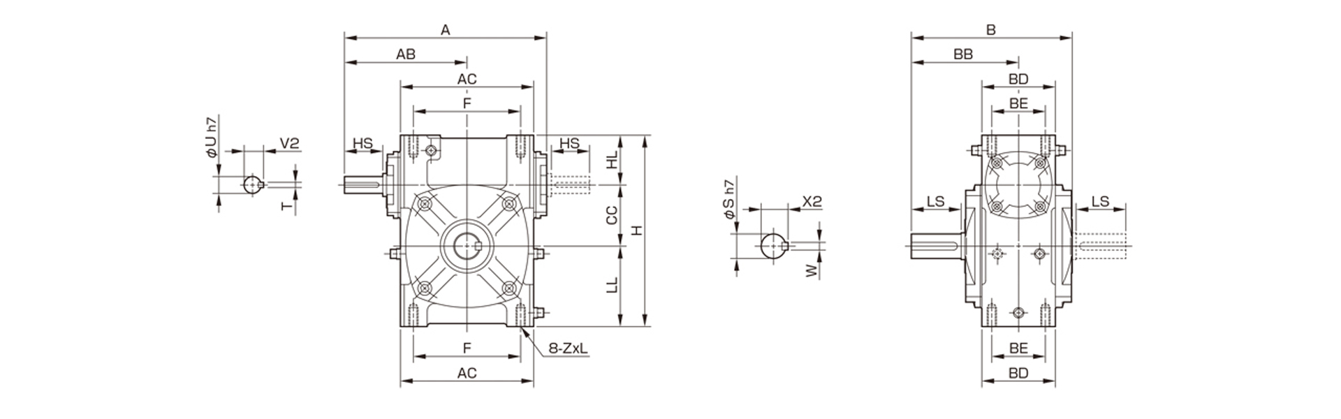 三木プーリのベルポニーウォーム減速機N-PFモデル寸法図 外形寸法および取付寸法を示す寸法図