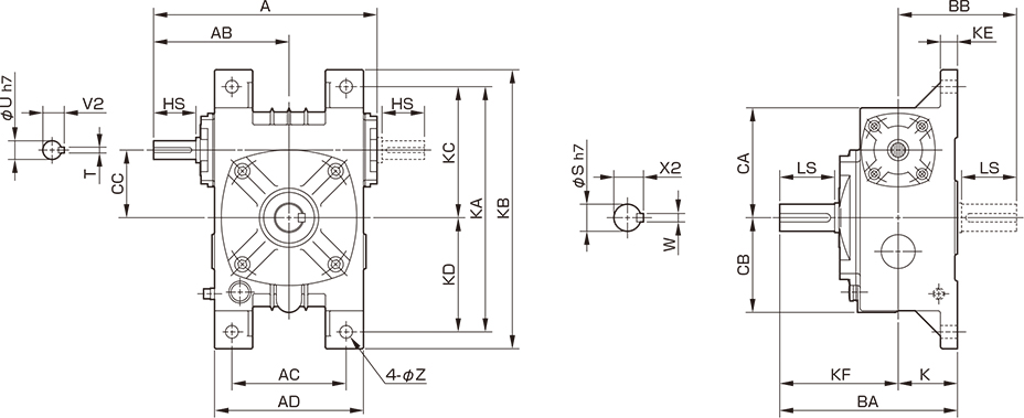 三木プーリのベルポニーウォーム減速機N-POモデル寸法図 外形寸法および取付寸法を示す寸法図