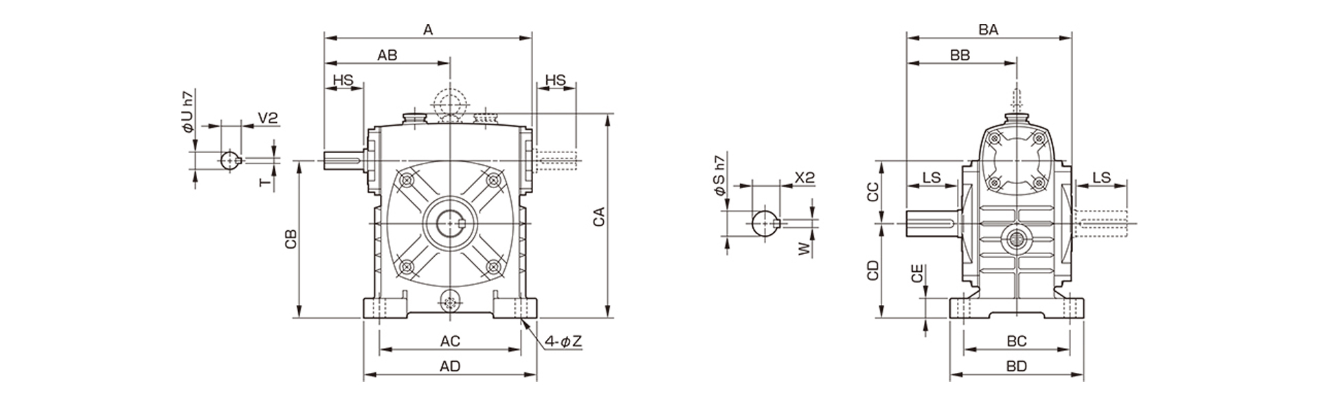 三木プーリのベルポニーウォーム減速機N-PRモデル寸法図 外形寸法および取付寸法を示す寸法図