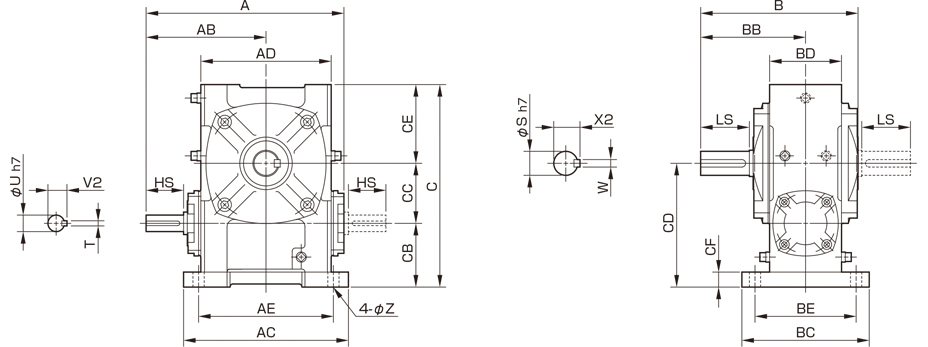 三木プーリのベルポニーウォーム減速機N-PFAモデル寸法図 外形寸法および取付寸法を示す寸法図