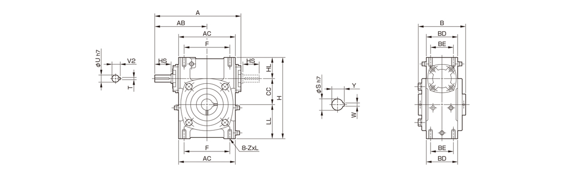 三木プーリのベルポニーウォーム減速機N-PFHモデル寸法図 外形寸法および取付寸法を示す寸法図