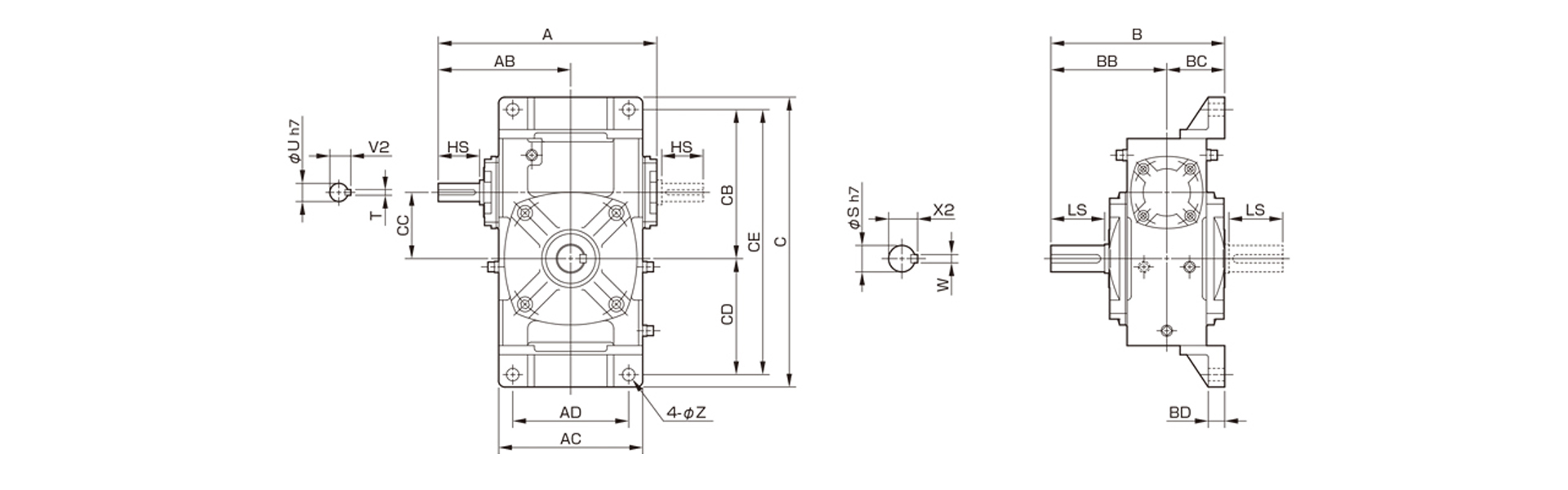 三木プーリのベルポニーウォーム減速機N-PFOモデル寸法図 外形寸法および取付寸法を示す寸法図