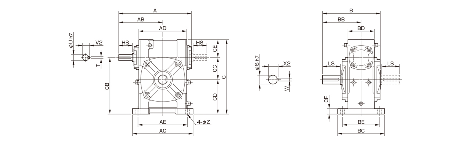 三木プーリのベルポニーウォーム減速機N-PFRモデル寸法図 外形寸法および取付寸法を示す寸法図