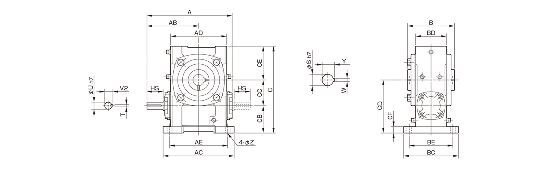 三木プーリのベルポニーウォーム減速機N-PFHAモデル寸法図 外形寸法および取付寸法を示す寸法図