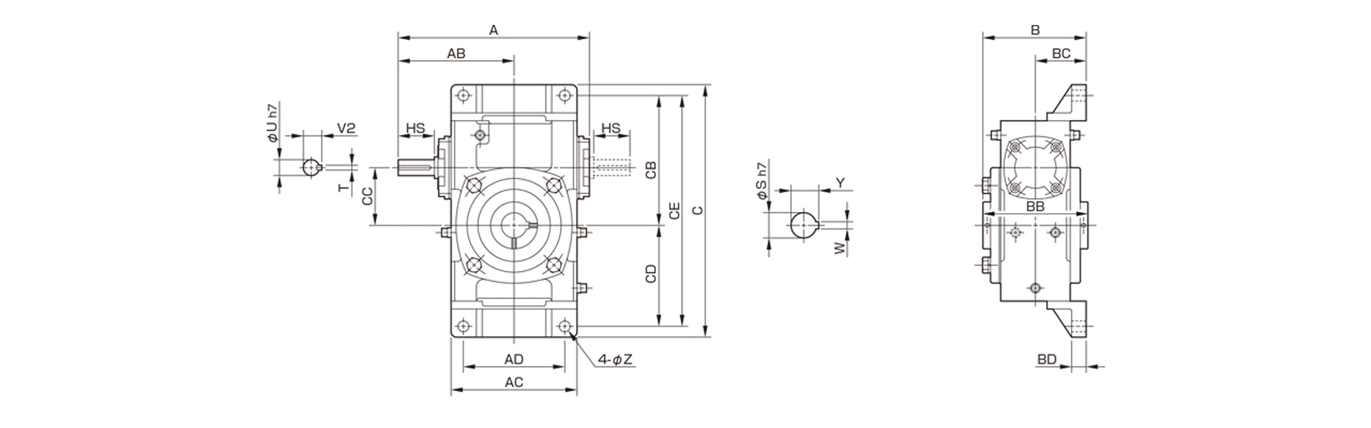 三木プーリのベルポニーウォーム減速機N-PFHOモデル寸法図 外形寸法および取付寸法を示す寸法図