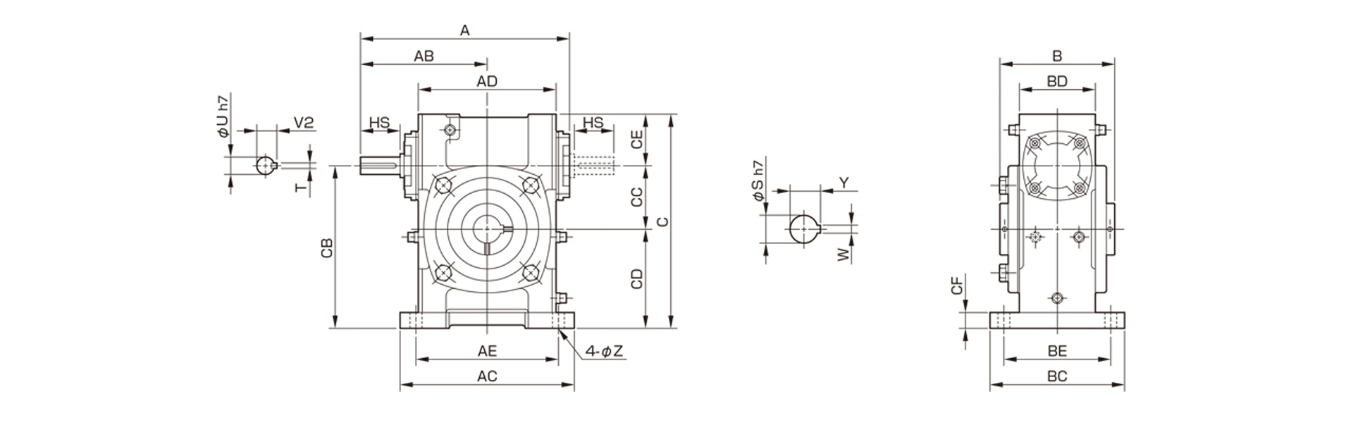 三木プーリのベルポニーウォーム減速機N-PFHRモデル寸法図 外形寸法および取付寸法を示す寸法図