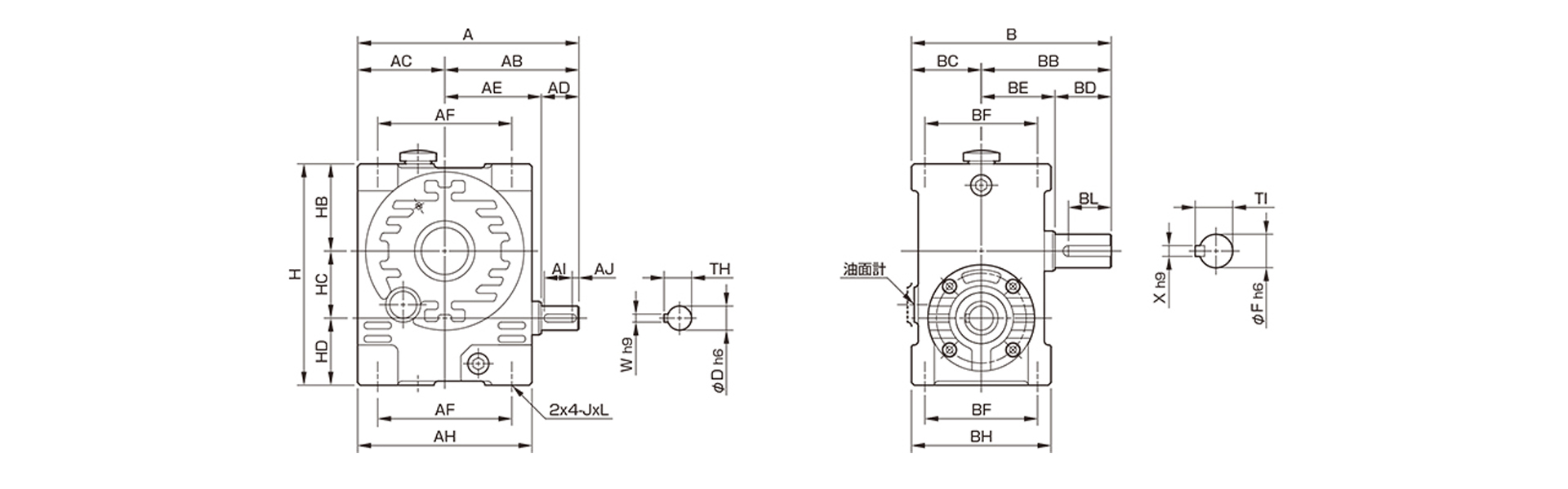 三木プーリのマキシンコー ウォーム減速機MAB／MABPモデル寸法図 外形寸法および取付寸法を示す寸法図