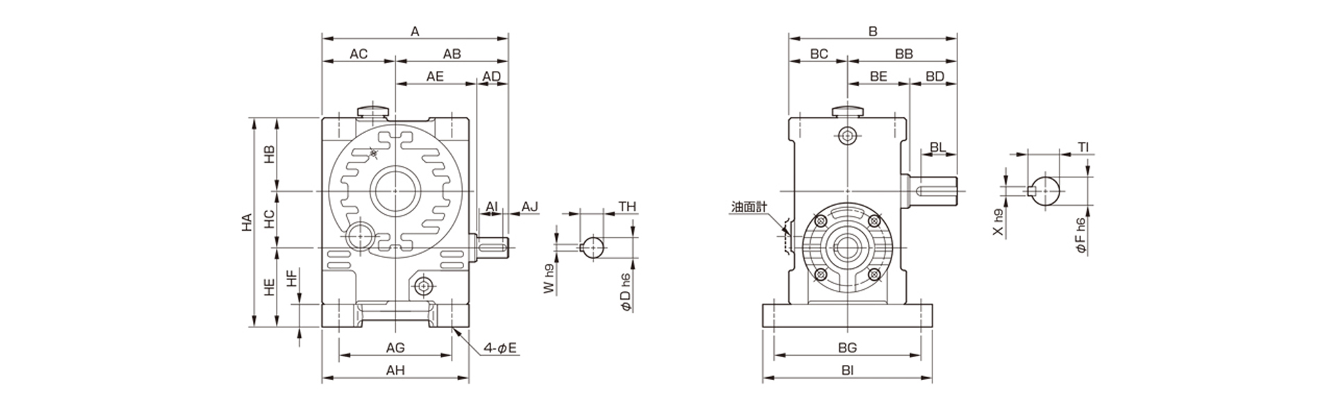 三木プーリのマキシンコー ウォーム減速機MAB／MABPモデル寸法図 外形寸法および取付寸法を示す寸法図