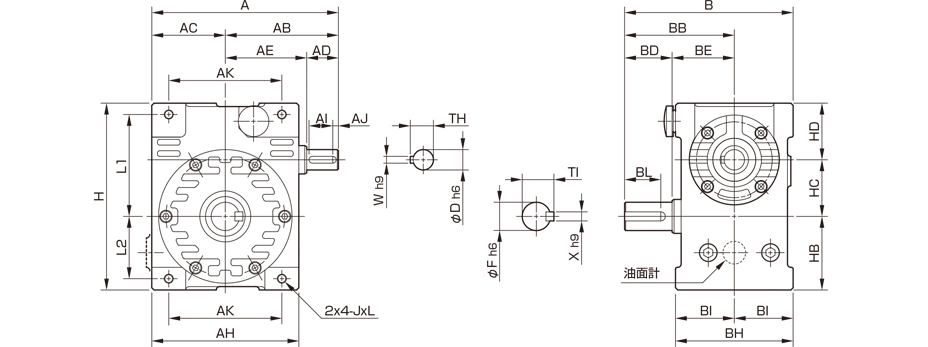 三木プーリのマキシンコー ウォーム減速機MAK／MAKPモデル寸法図 外形寸法および取付寸法を示す寸法図