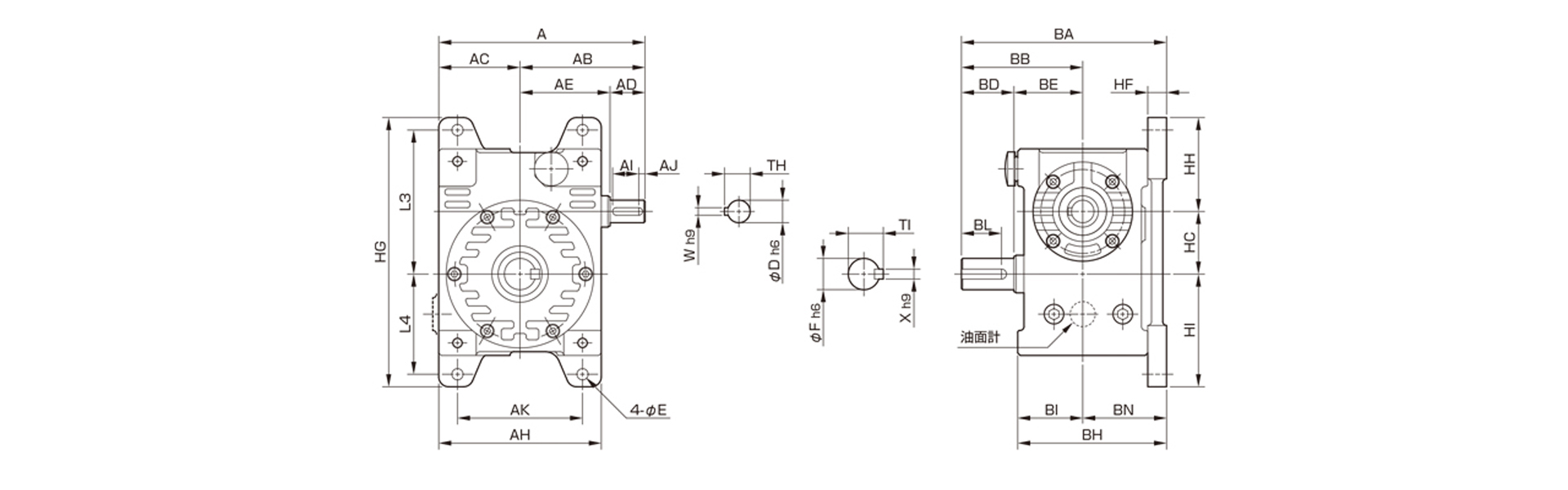 三木プーリのマキシンコー ウォーム減速機MAK／MAKPモデル寸法図 外形寸法および取付寸法を示す寸法図