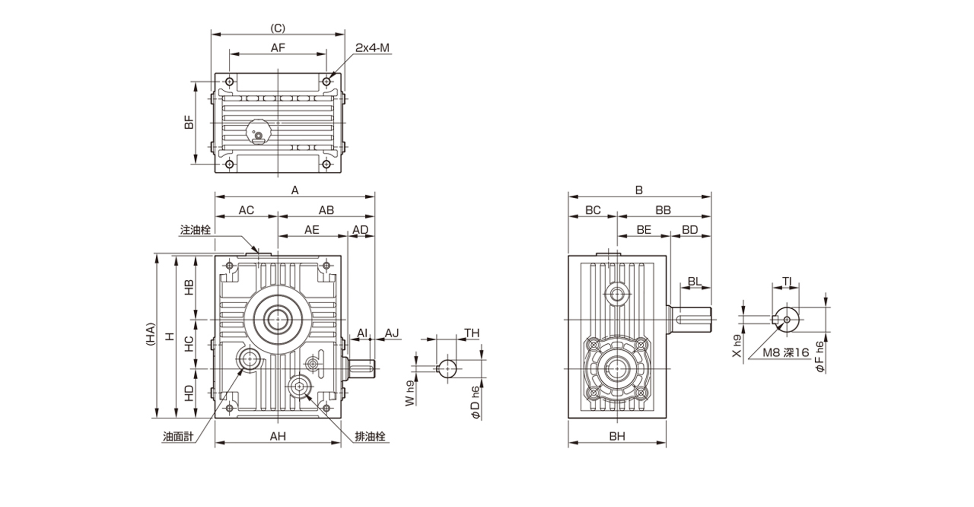 三木プーリのマキシンコー ウォーム減速機MALモデル寸法図 外形寸法および取付寸法を示す寸法図