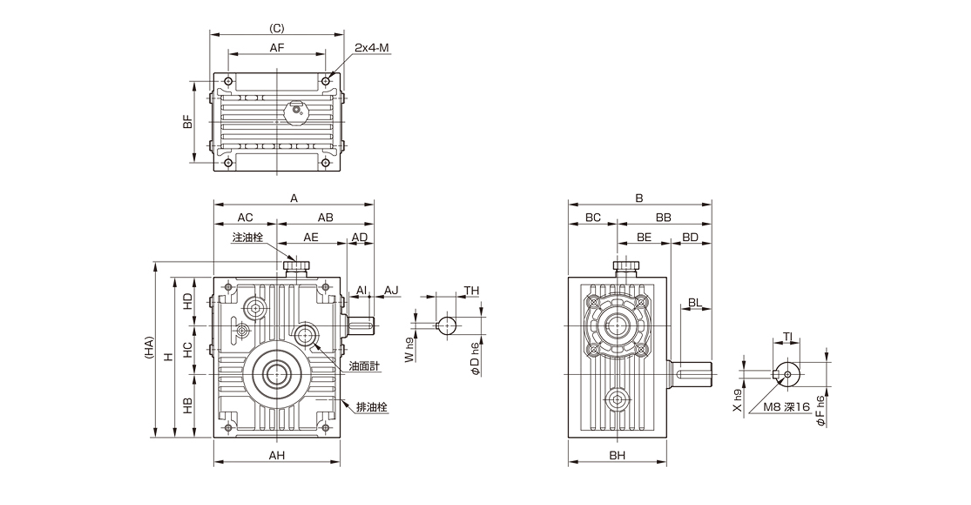 三木プーリのマキシンコー ウォーム減速機MALモデル寸法図 外形寸法および取付寸法を示す寸法図