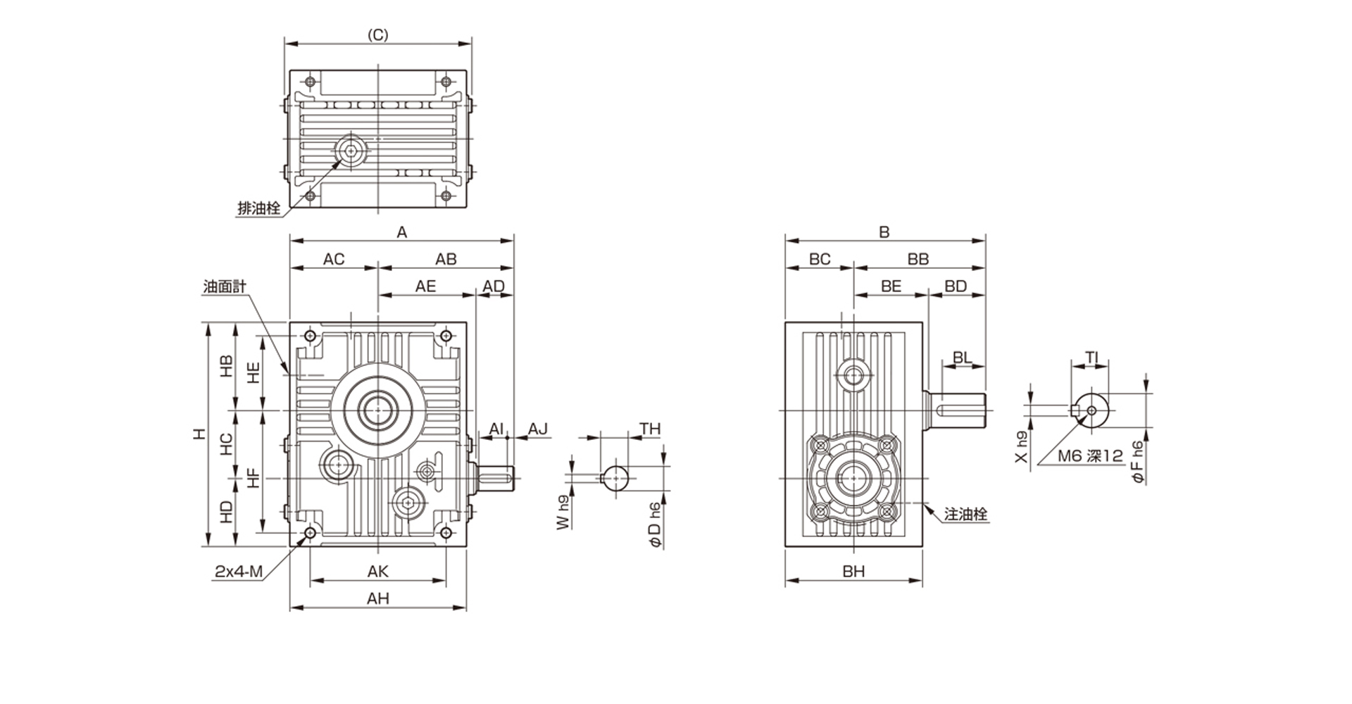 三木プーリのマキシンコー ウォーム減速機MALモデル寸法図 外形寸法および取付寸法を示す寸法図