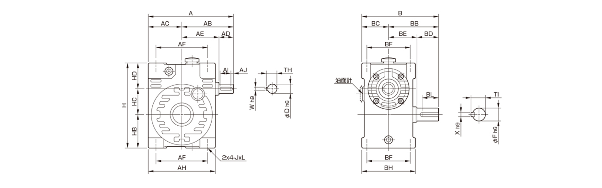 三木プーリのマキシンコー ウォーム減速機MAW／MAWPモデル寸法図 外形寸法および取付寸法を示す寸法図