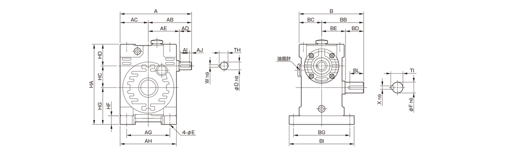 三木プーリのマキシンコー ウォーム減速機MAW／MAWPモデル寸法図 外形寸法および取付寸法を示す寸法図